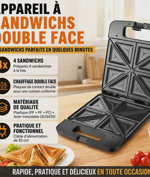Zwarte Sandwichmaker 1400W - 4 Sandwiches, Dubbelzijdig Verwarmen, Anti-aanbakplaten