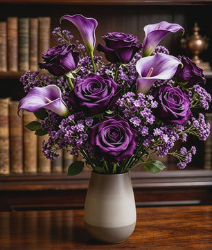 Kunstboeket Paarse Rozen, Calla Lelies & Gipsenkruid - 16 Stuks
