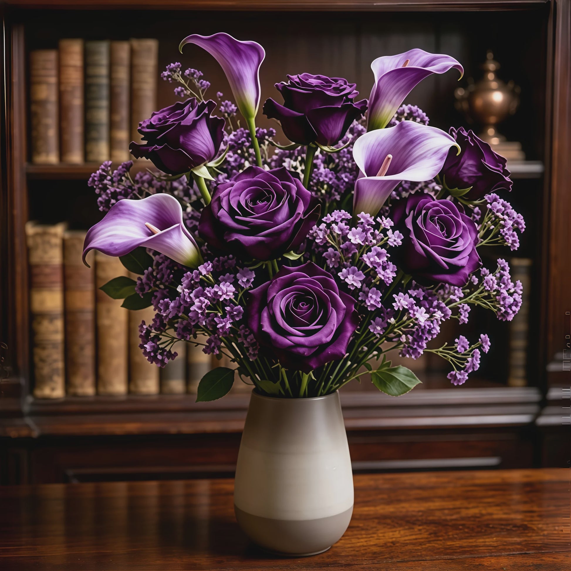 Kunstboeket Paarse Rozen, Calla Lelies & Gipsenkruid - 16 Stuks