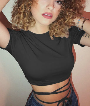 Zwarte Crop Top Dames Zomer 2025 - Sexy Bandage T-shirt met Korte Mouwen