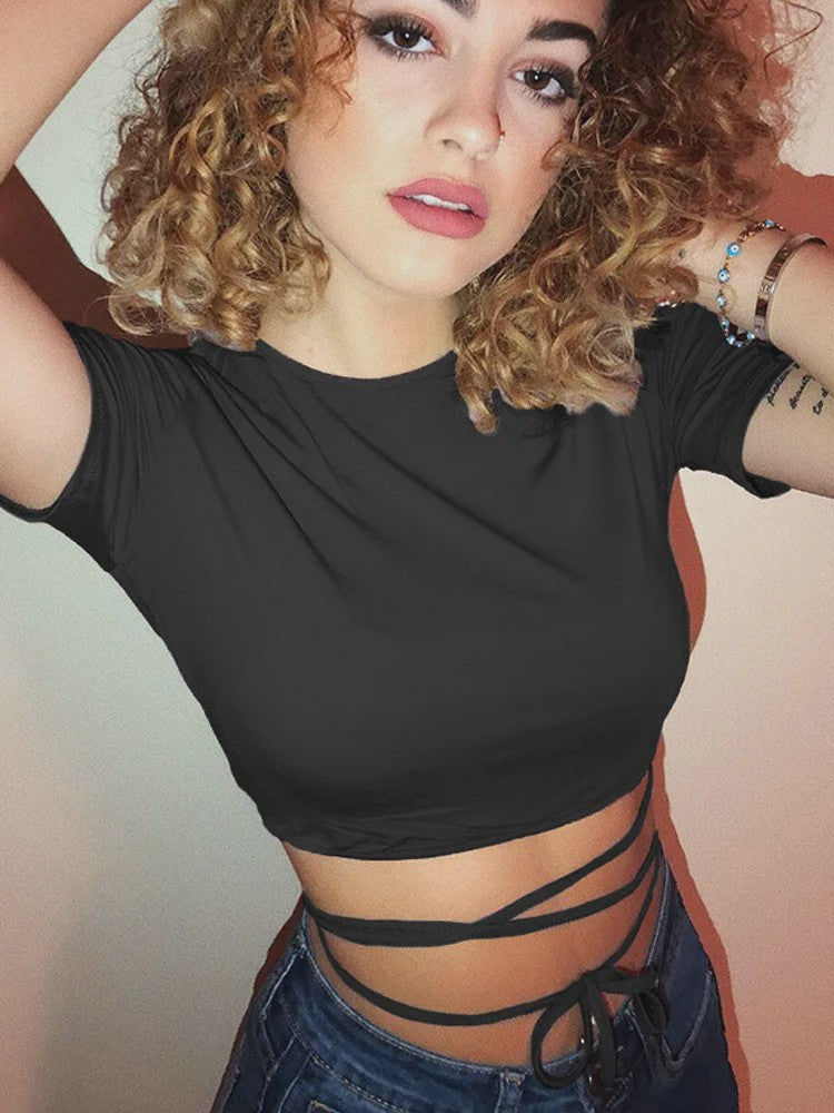 Zwarte Crop Top Dames Zomer 2025 - Sexy Bandage T-shirt met Korte Mouwen
