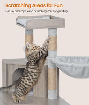 Moderne 4-in-1 Kattenboom met Kattenbakmeubel, Groot Platform, Trapjes en Pompom