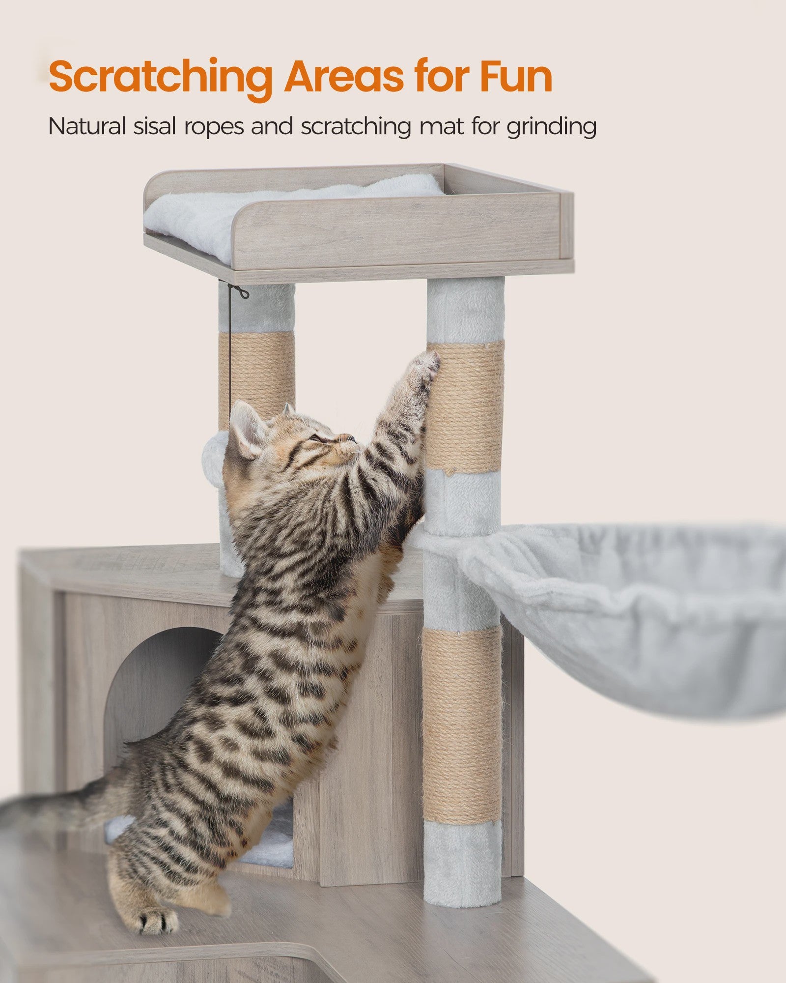 Moderne 4-in-1 Kattenboom met Kattenbakmeubel, Groot Platform, Trapjes en Pompom