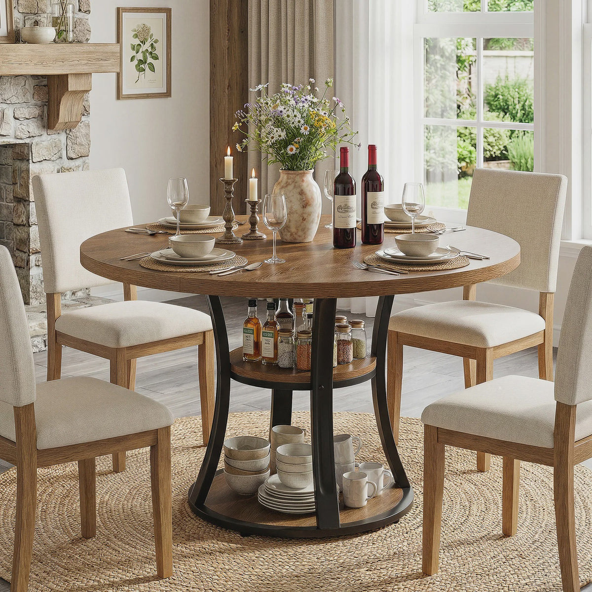 Ronde Eettafel 4 Personen met 2-Laags Opslag - Landelijke Stijl, Ruimtebesparend