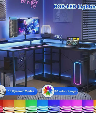 L-vormige Gaming Bureau met RGB LED Verlichting, Geïntegreerde Stopcontacten en 4 Verstelbare Planken