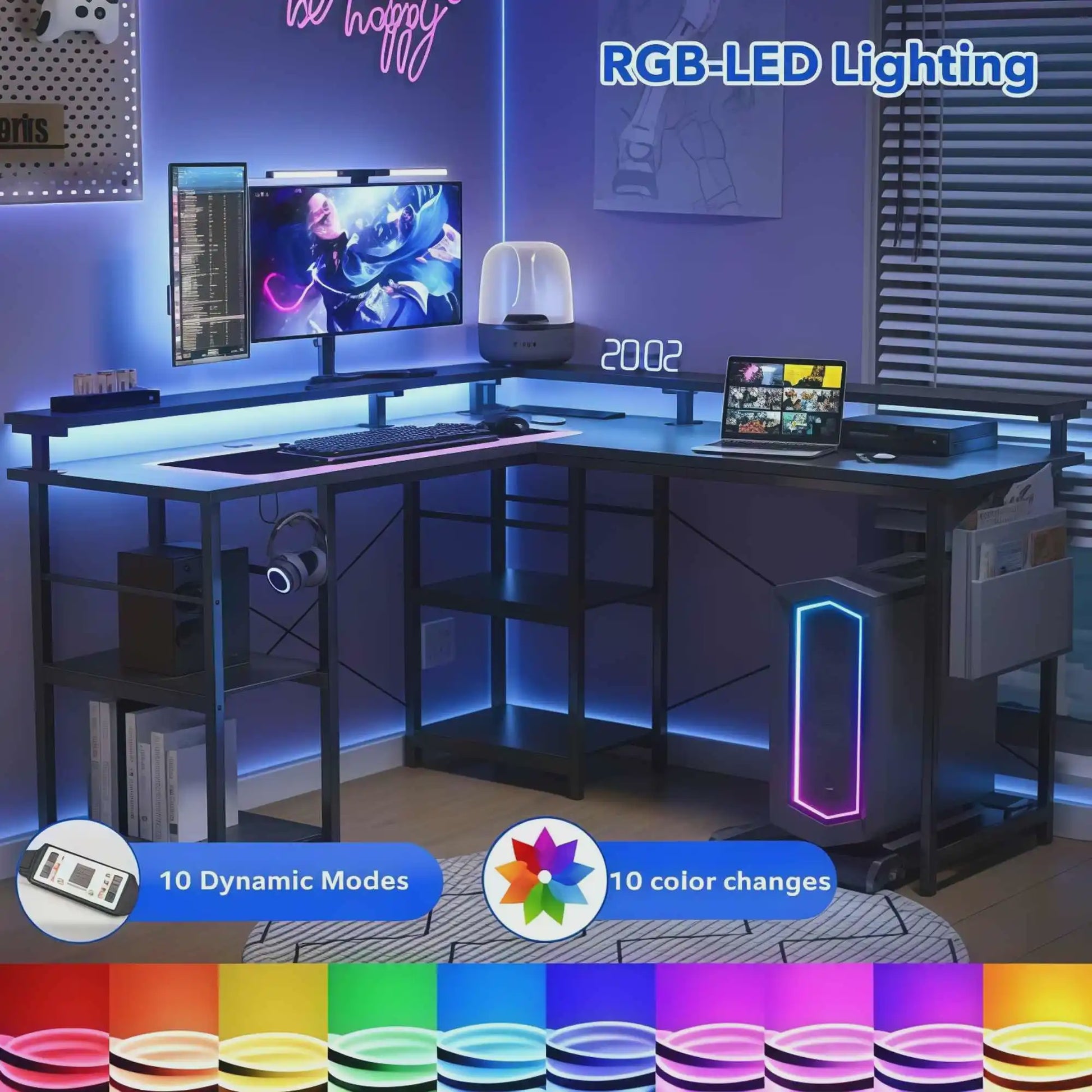 L-vormige Gaming Bureau met RGB LED Verlichting, Geïntegreerde Stopcontacten en 4 Verstelbare Planken