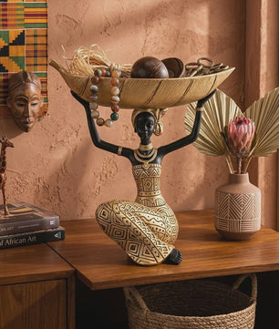 Afrikaanse Tribale Vrouw Beeld met Blad Schaal - Decoratieve Opberger