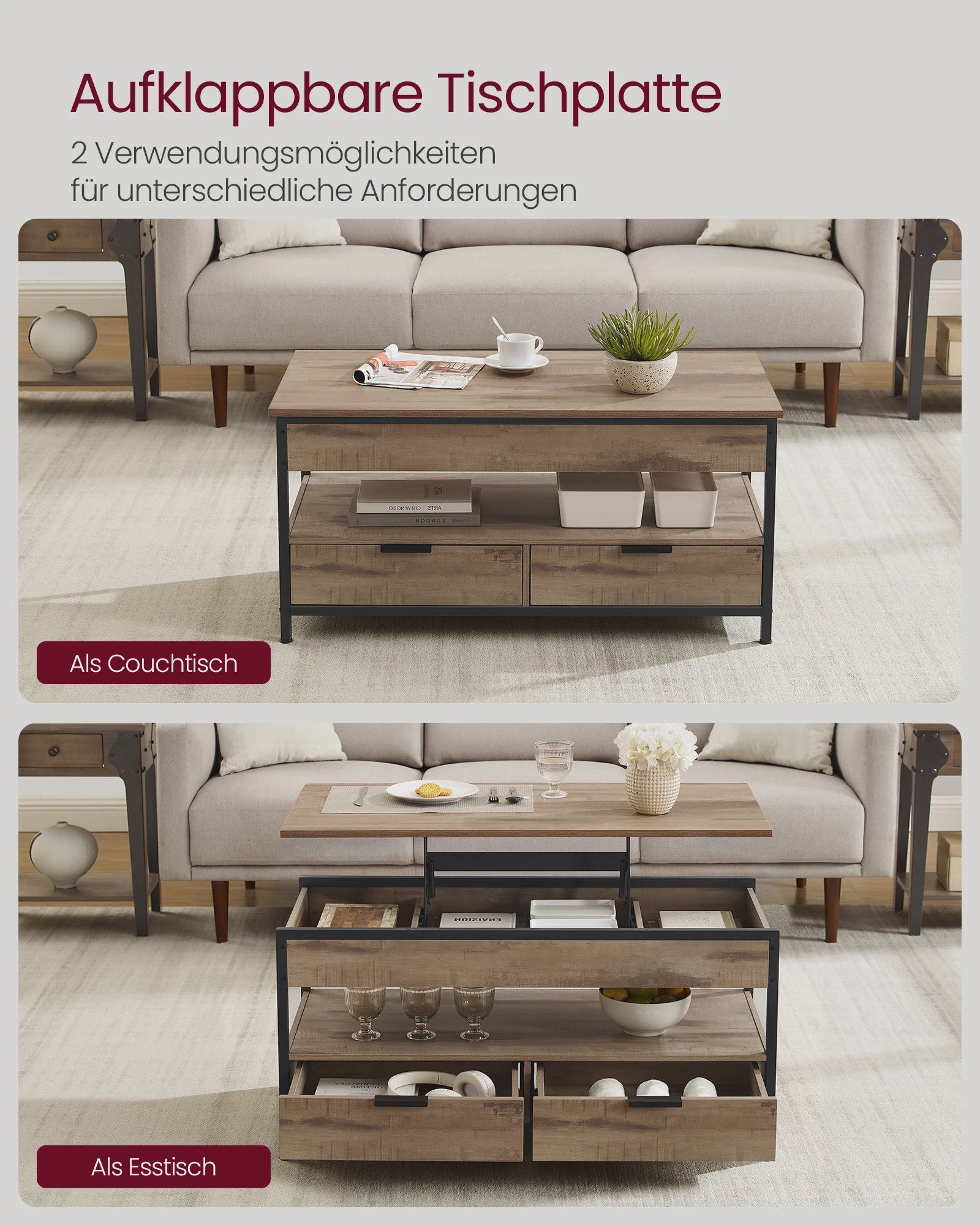 Verstelbare Salontafel met Lade en Open Vak - 100x50cm