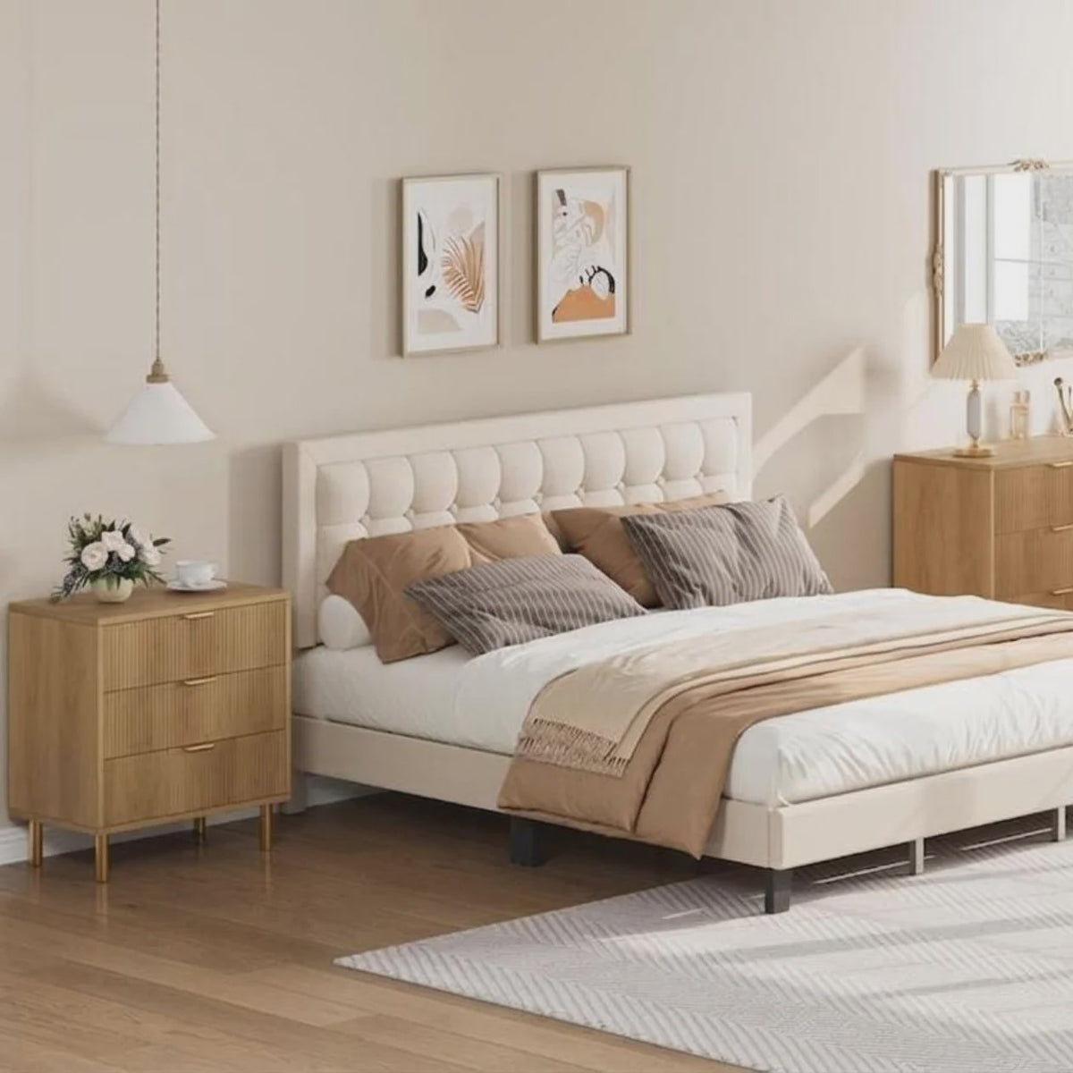 Houten Ladekast met 3 Lades, Modern Dressoir met Gouden Handgrepen en Metalen Poten