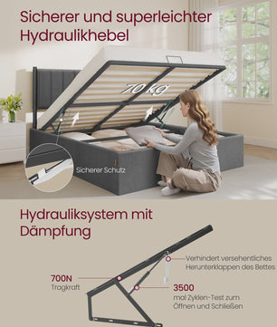 VASAGLE Bedframe 160x200 cm met Opbergruimte, Grijze Hoofdbord en Opklapbaar Lattenbodem