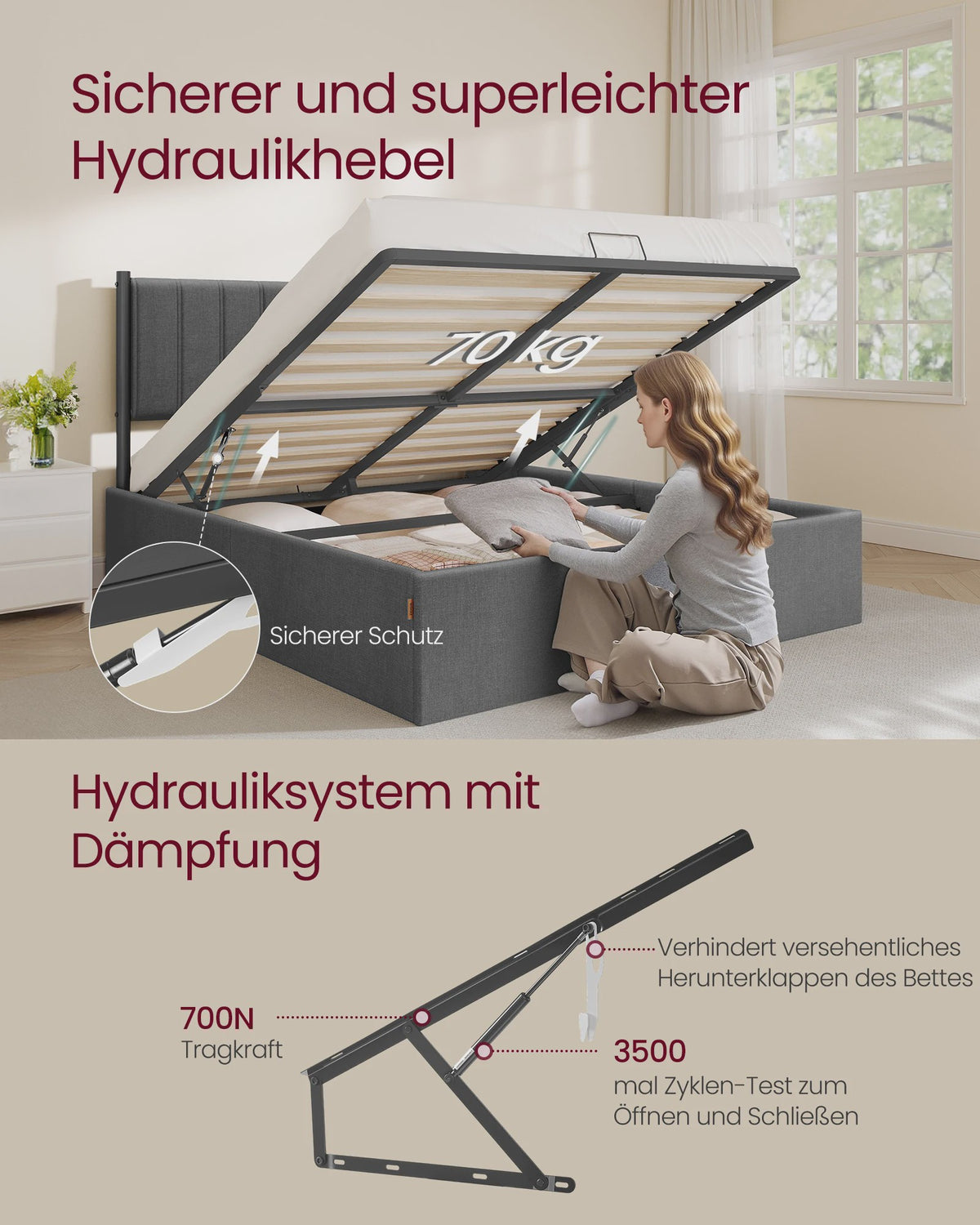 VASAGLE Bedframe 160x200 cm met Opbergruimte, Grijze Hoofdbord en Opklapbaar Lattenbodem