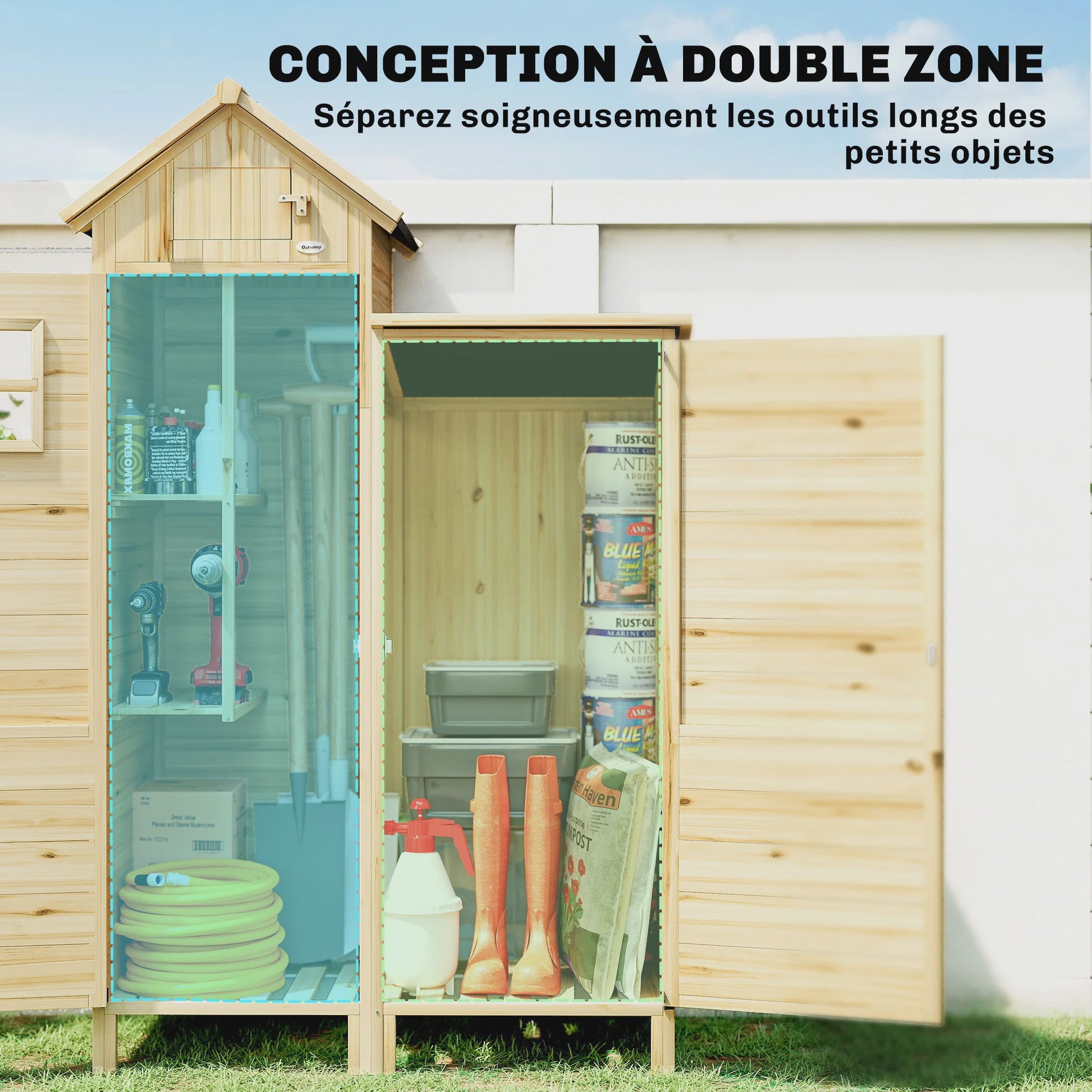 Outsunny Houten Tuinkast met Dubbele Zone en Verwijderbare Planken - 106x57x167 cm