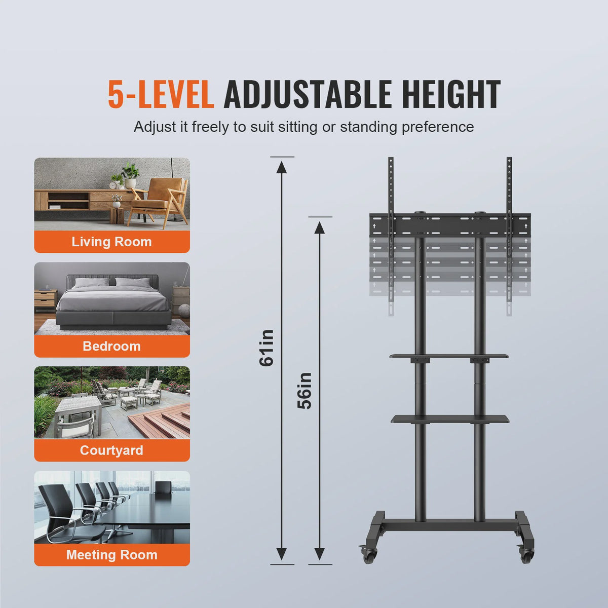Verrijdbare TV Standaard met Dubbele Legplank en Hoogteverstelling - 32-70 inch