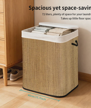Grote Bamboe Wasmand 72L - Opvouwbaar met Uitneembare Voering & Deksel - 40x30x60cm