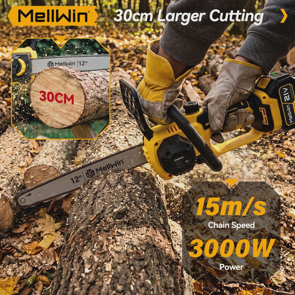 Mellwin 12-Inch Accu Kettingzaag - Krachtig 3000W Brushless, Automatische Olie Systeem