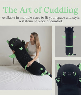 Kawaii Zwarte Kat Pluche Knuffelkussen met Vleugels - Extra Lang Slaapkussen voor Bank of Bed