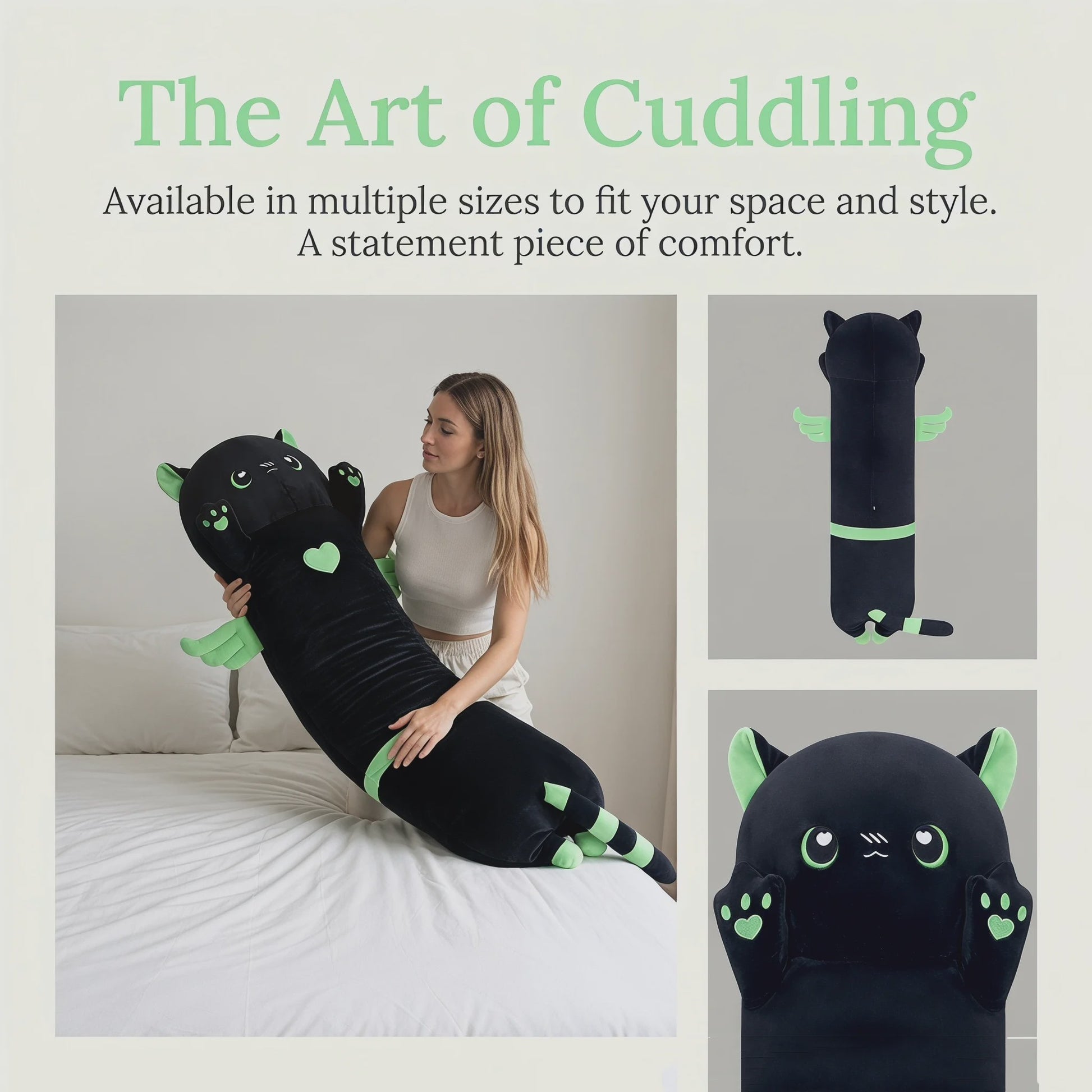 Kawaii Zwarte Kat Pluche Knuffelkussen met Vleugels - Extra Lang Slaapkussen voor Bank of Bed