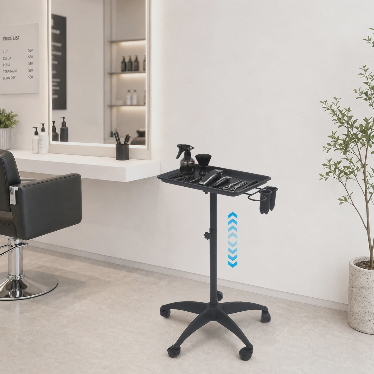 Verstelbare Salon Trolley met Wielen - Zwarte Werkwagen voor Kappers en Barbers