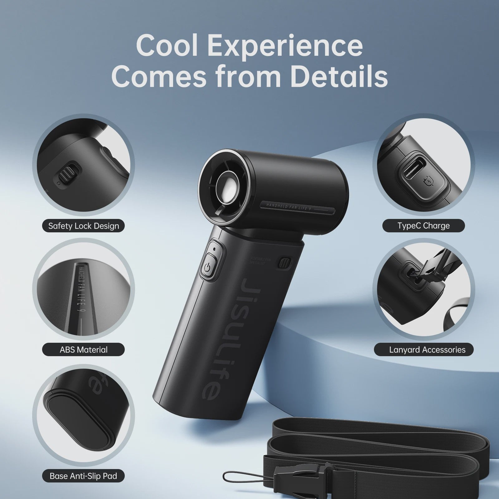JISULIFE Life9 Draagbare Handventilator - Krachtige Turbo Wind, 18u Batterij, 5 standen, 5000mAh, Compact Zwart