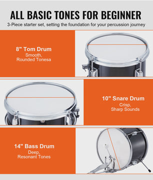 3-delige Kinder Drumstel Set 14 inch - Inclusief Krukje, Bekken & Stokken - Zwart/Blauw