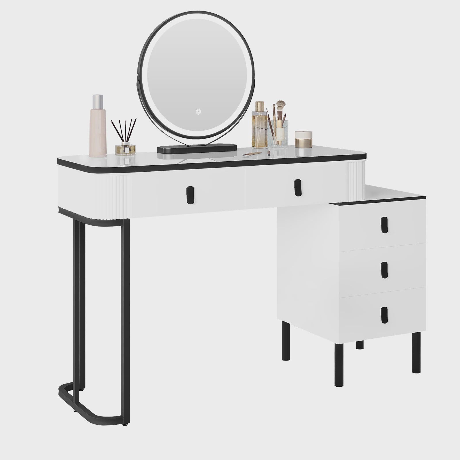 Moderne Kaptafel met LED Verlichting, Verstelbare Spiegel en Ruime Opbergruimte