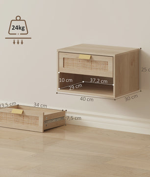 Set van 2 Nachtkastjes Zwevend met Rotan Lade & Open Vak - Scandinavisch Design