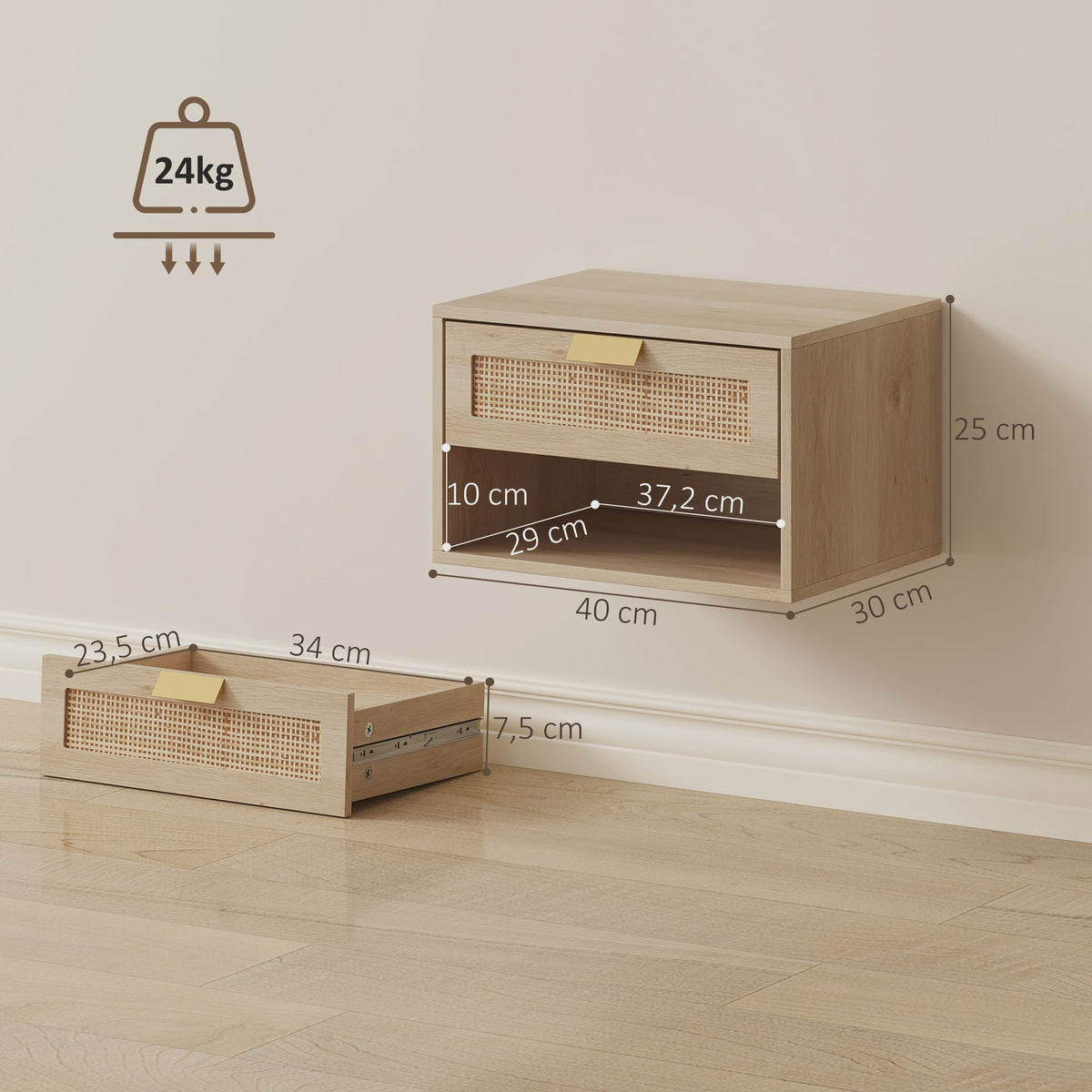 Set van 2 Nachtkastjes Zwevend met Rotan Lade & Open Vak - Scandinavisch Design