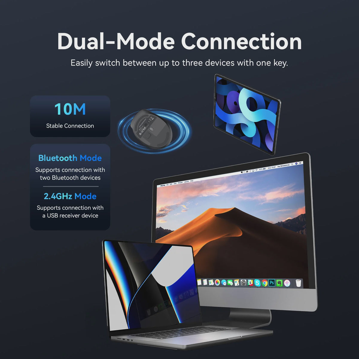 Vention Ergonomische Draadloze Muis: Bluetooth 5.1 & 2.4G Dual-Mode, 4000 DPI, Stille Knoppen