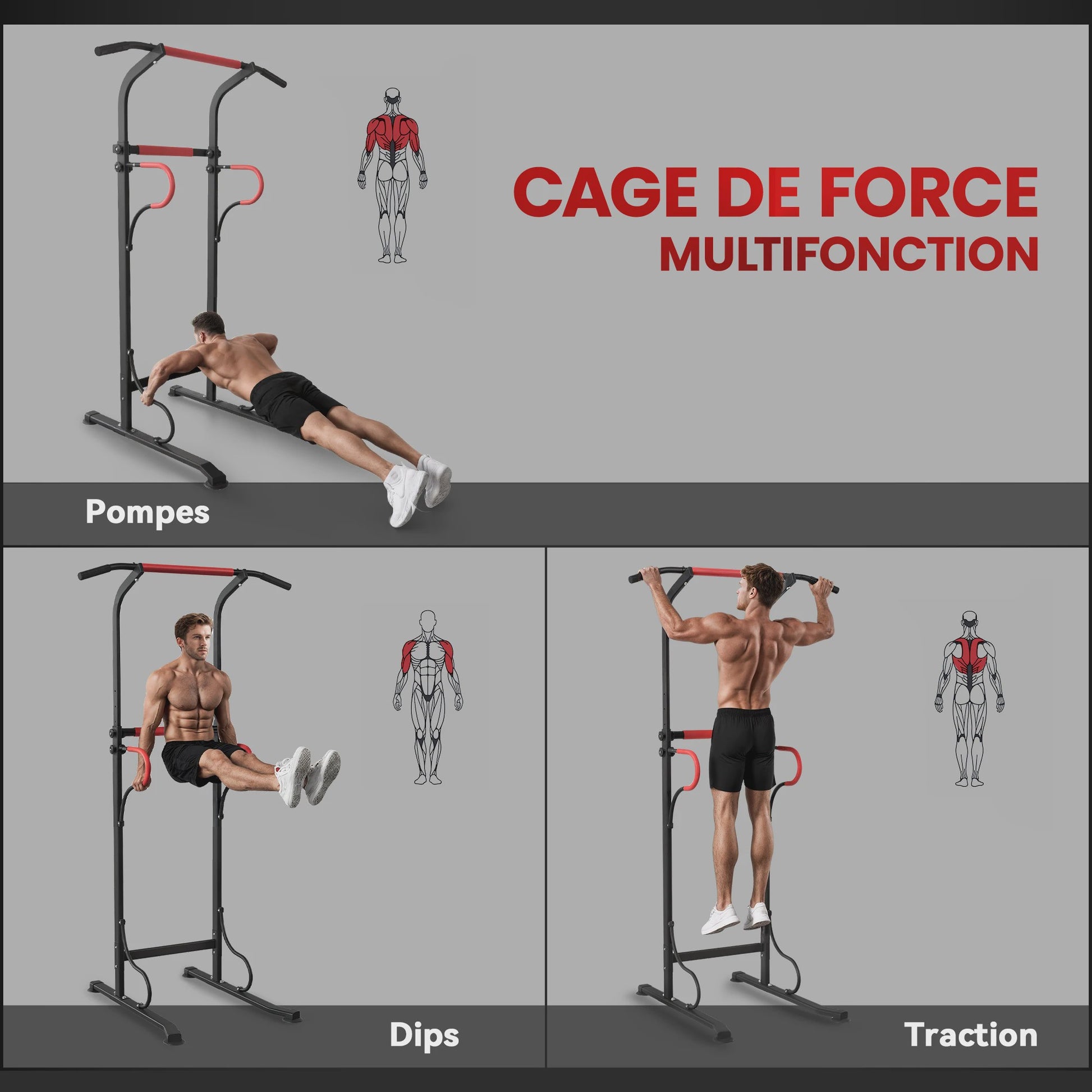 HOMCOM Multifunctioneel Bodybuilding Station - Optrekstang, Dip Station & Meer - In Hoogte Verstelbaar - Zwart/Rood