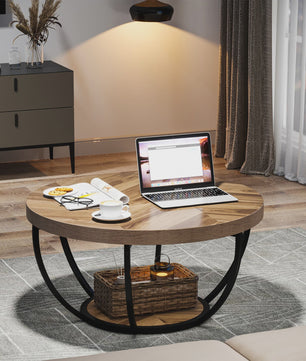 Industriële Ronde Salontafel met 2 Lagen Opslag - 31.7 inch