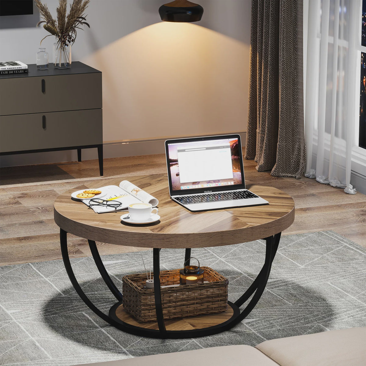 Industriële Ronde Salontafel met 2 Lagen Opslag - 31.7 inch