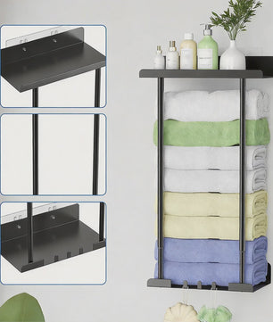 Verstelbaar Zwart Handdoekrek met Boven- en Onderplank - Ideaal voor Badkamer, Camper, Woonkamer & Sauna