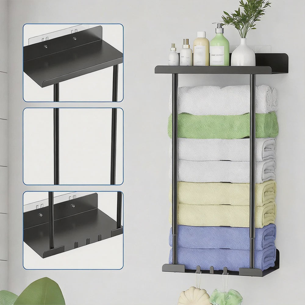 Verstelbaar Zwart Handdoekrek met Boven- en Onderplank - Ideaal voor Badkamer, Camper, Woonkamer & Sauna