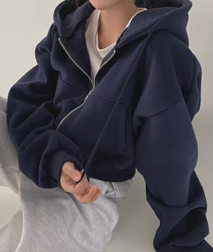 Dames Cropped Hoodie met Fleece Voering - Navy Blauw