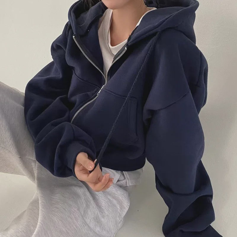 Dames Cropped Hoodie met Fleece Voering - Navy Blauw