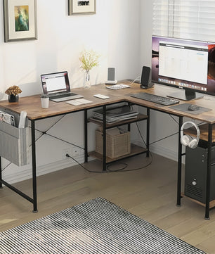 L-vormig Bureau met Opbergruimte & Geïntegreerde Stroomvoorziening - Modern Bruin Hoekbureau 140x140cm