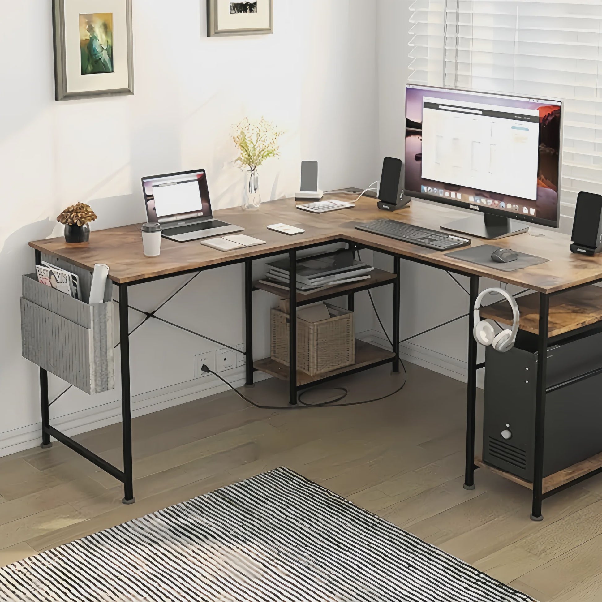 L-vormig Bureau met Opbergruimte & Geïntegreerde Stroomvoorziening - Modern Bruin Hoekbureau 140x140cm