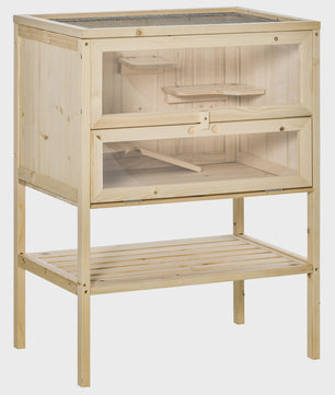 Pawhut Wooden Hamster Cage with Ramp, Folding Roof, Plexiglass Window and Lower Shelf 60X40X80 cm Natural