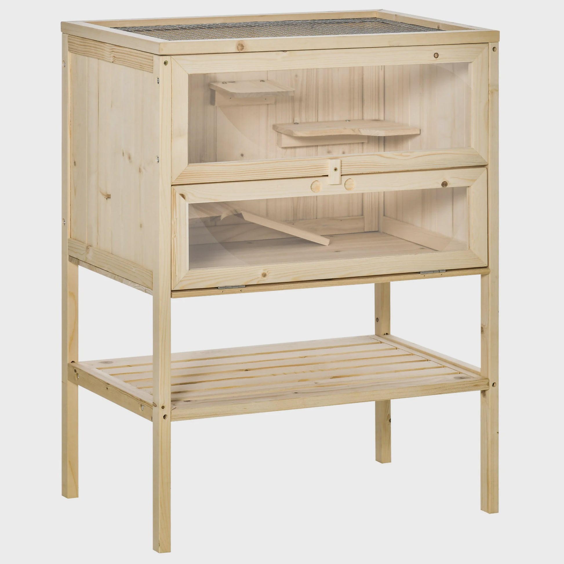 Pawhut Wooden Hamster Cage with Ramp, Folding Roof, Plexiglass Window and Lower Shelf 60X40X80 cm Natural