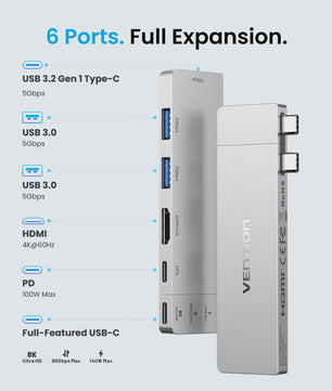 Vention Thunderbolt 4 Docking Station: 6-in-2 USB-C Hub met 8K@240Hz, 80Gbps, 140W PD en HDMI 4K@60Hz