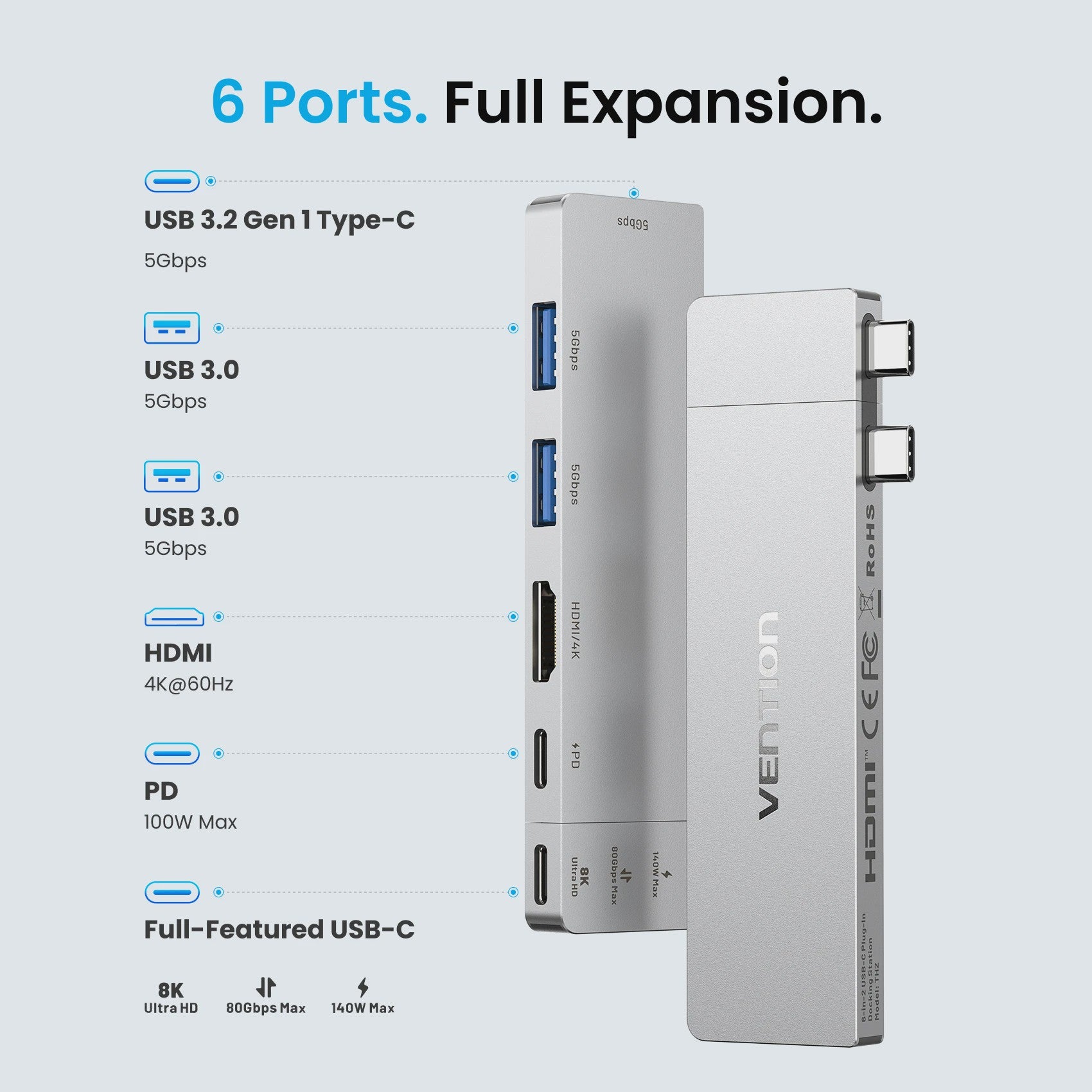 Vention Thunderbolt 4 Docking Station: 6-in-2 USB-C Hub met 8K@240Hz, 80Gbps, 140W PD en HDMI 4K@60Hz