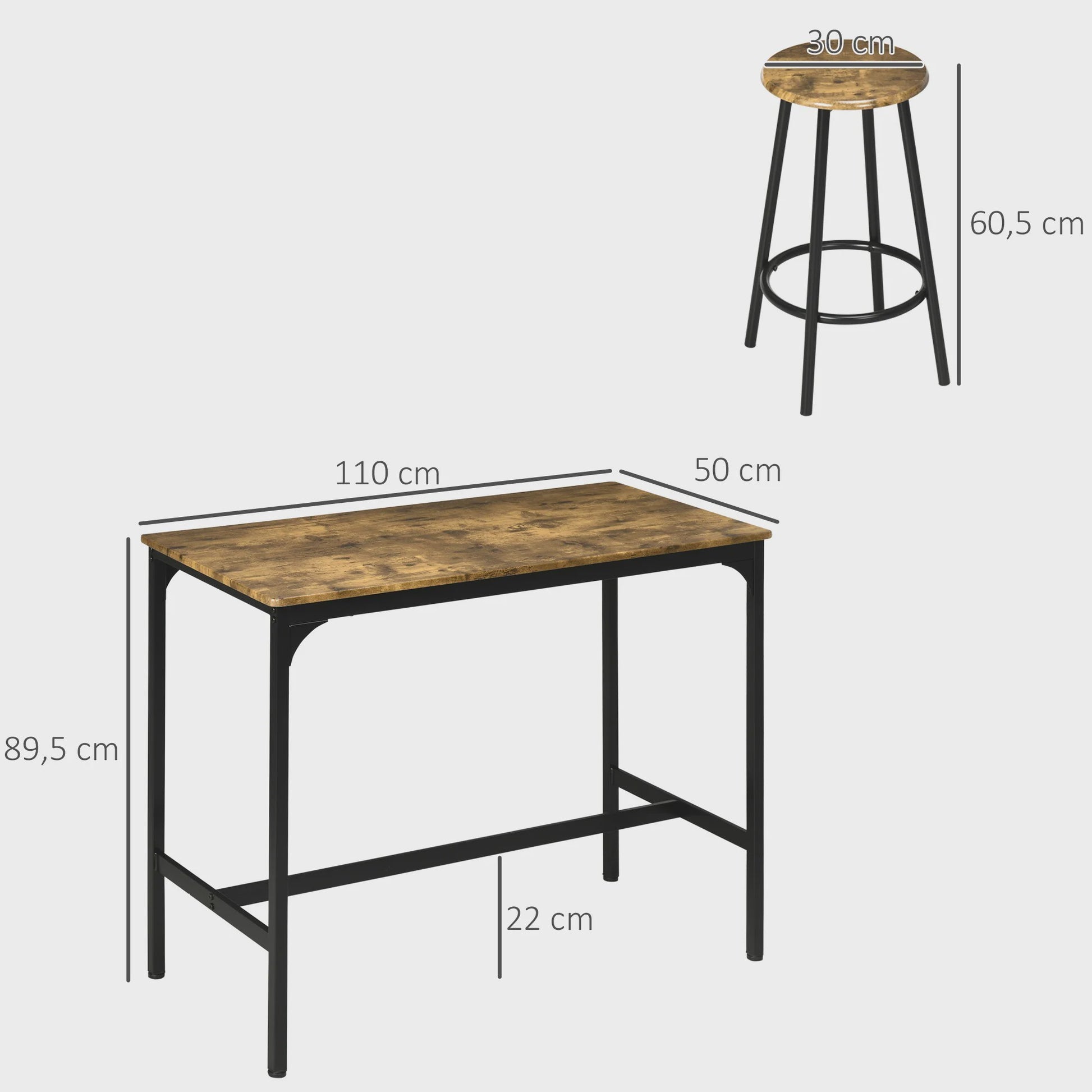 HOMCOM Bartafel Set met 4 Barkrukken - Rustiek Bruin & Zwart Metaal