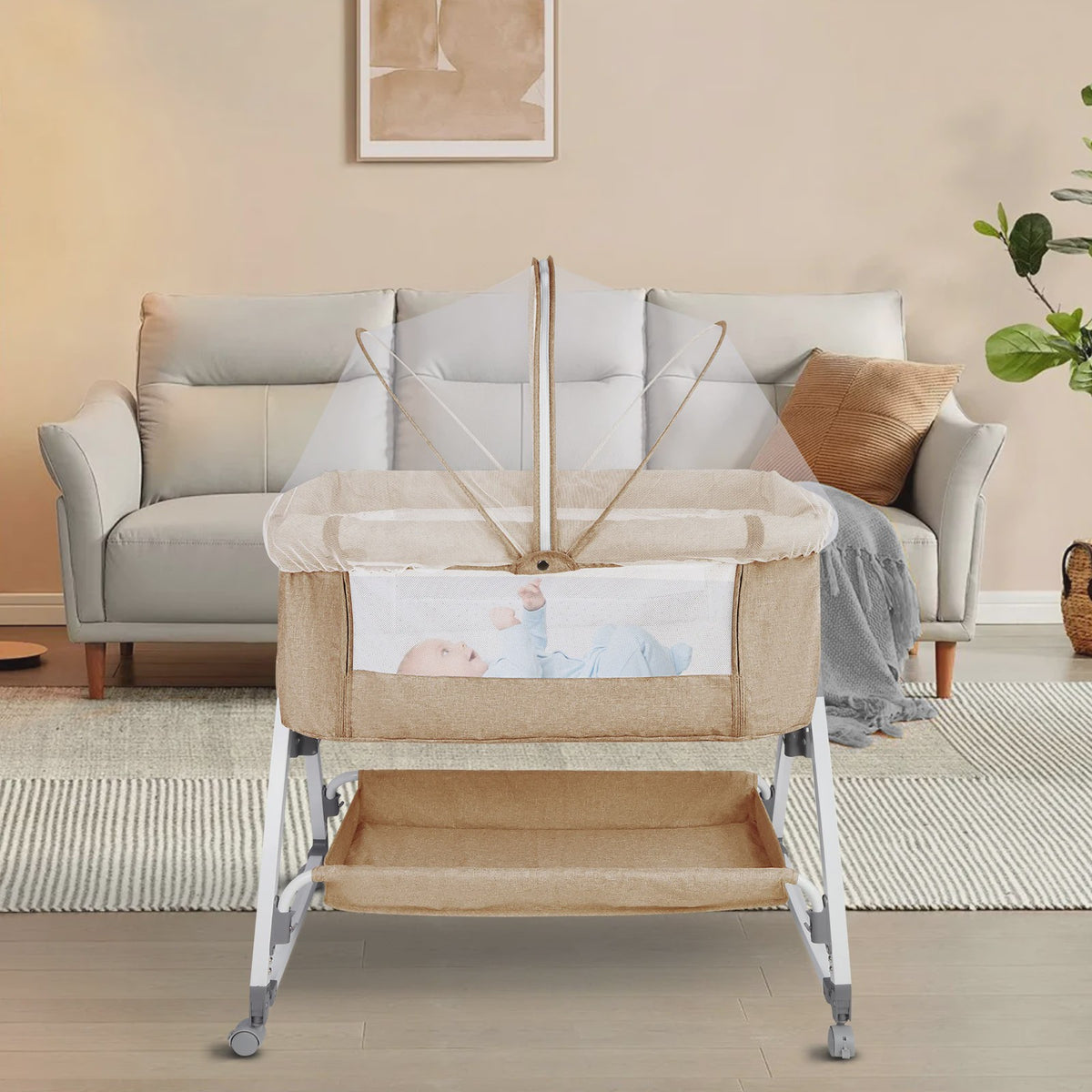 Baby Co-sleeper Wieg 2-in-1 met Wielen, 6 Hoogte-instellingen en Klamboe