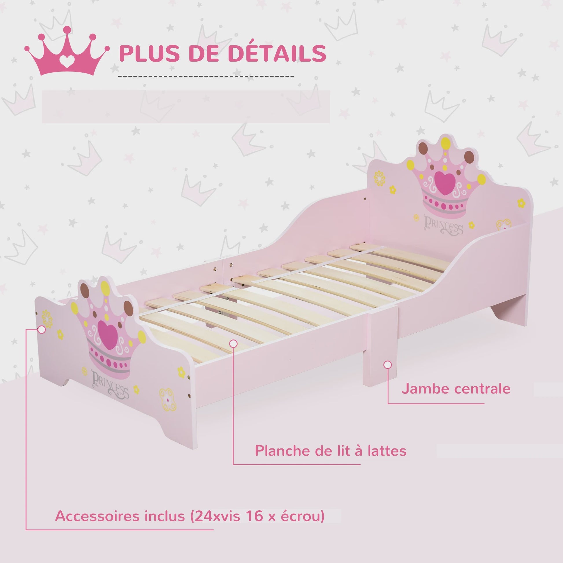 Roze Prinsessen Kinderbed 140x70 cm met Kroon Design - MDF Hout