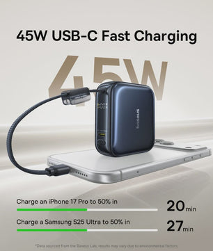 Baseus 45W Mini Powerbank 10000mAh met Ingebouwde USB-C Kabel - Compact & Snel Laden