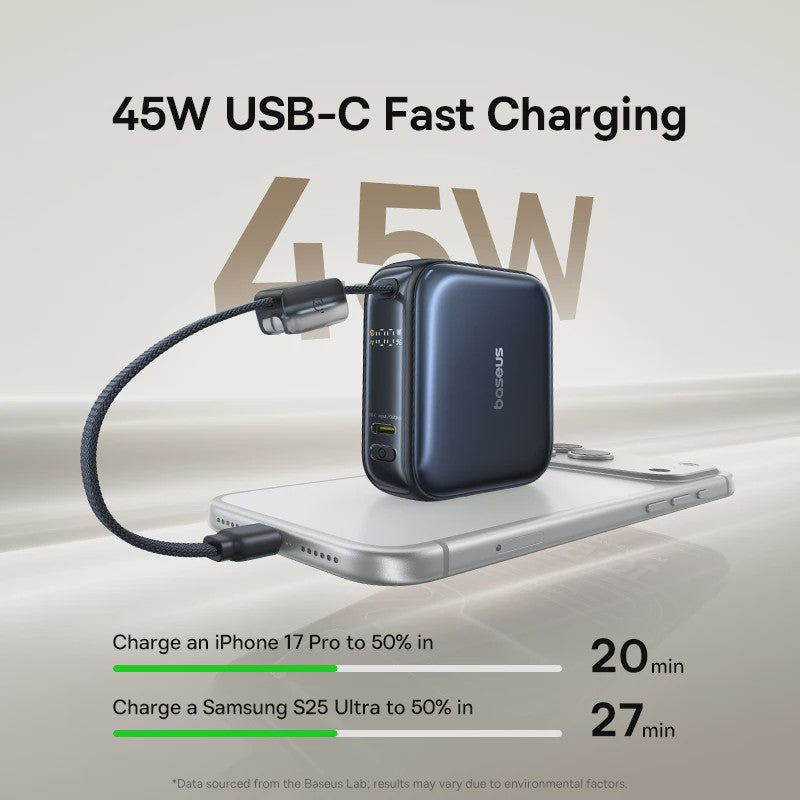Baseus 45W Mini Powerbank 10000mAh met Ingebouwde USB-C Kabel - Compact & Snel Laden