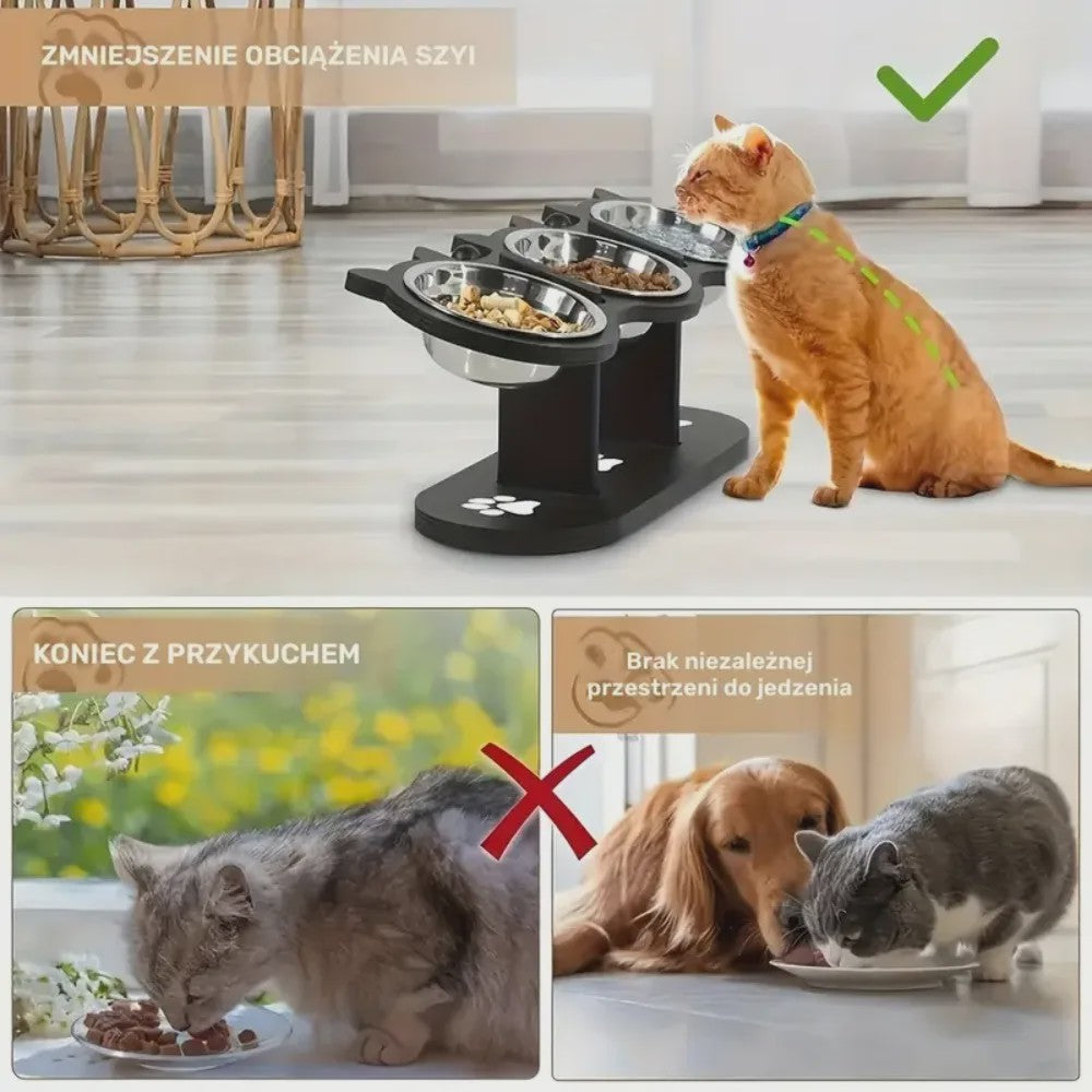 Verhoogde Voerbak Set voor Katten en Honden met 3 RVS Bakjes en Verstelbare Hoogte
