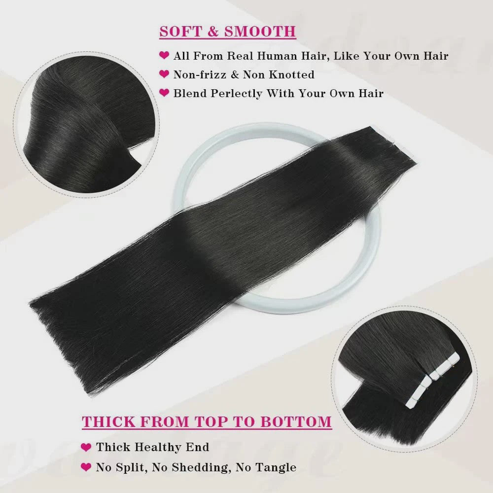 Remy Tape-in Hair Extensions - 100% Echt Menselijk Haar, Natuurlijk Zwart, Naadloos
