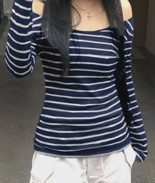 Dames Off-Shoulder Gestreept T-shirt met Lange Mouwen - Y2K Street Style