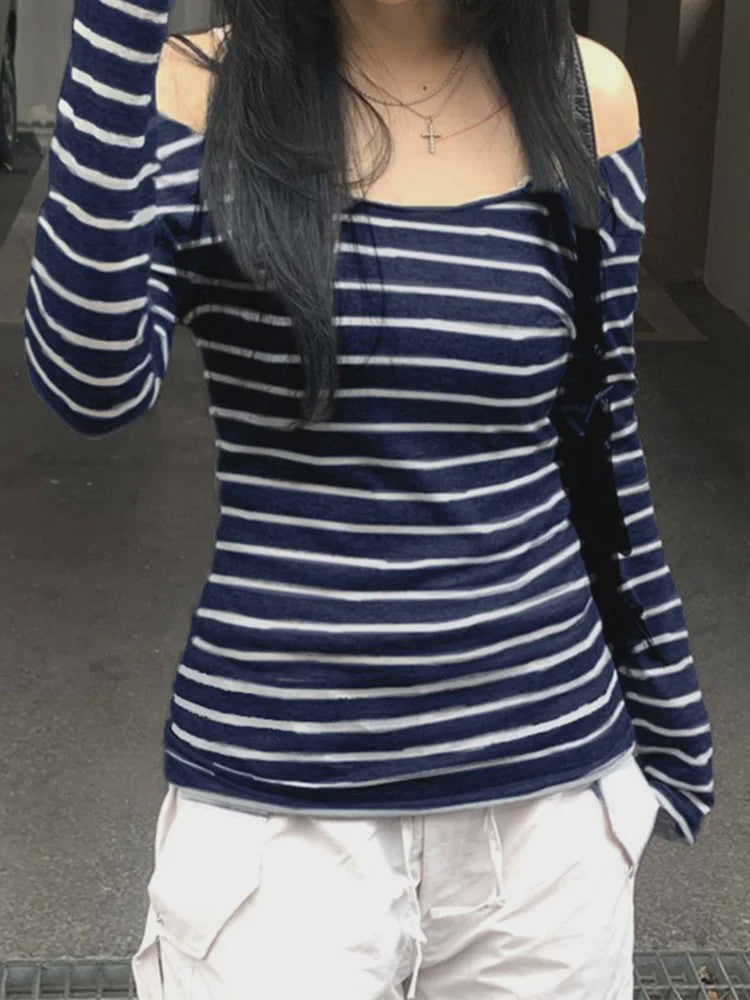 Dames Off-Shoulder Gestreept T-shirt met Lange Mouwen - Y2K Street Style